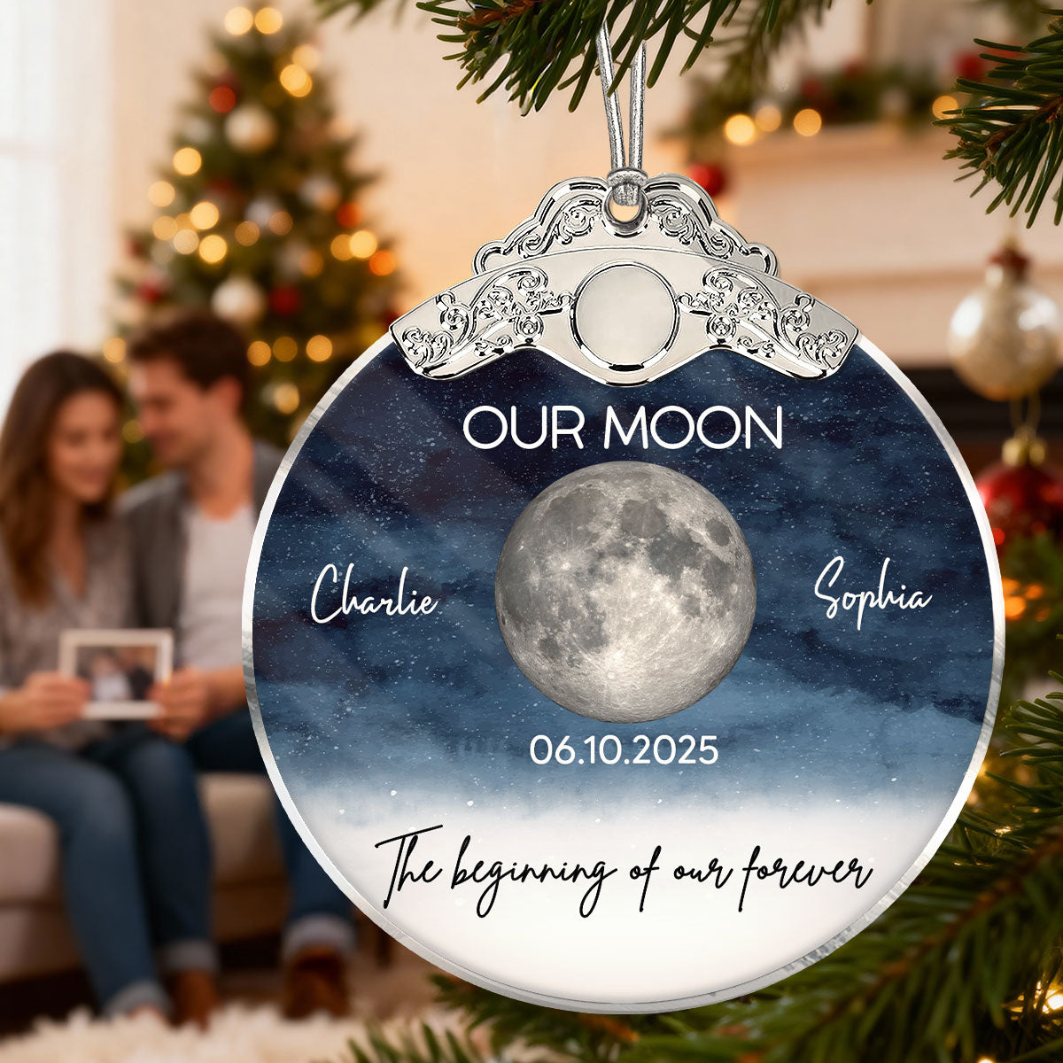 Starry Night Moon Phase Couple The Beginning Of Our Forever - Personalized Glass Ornament With Silver Cap