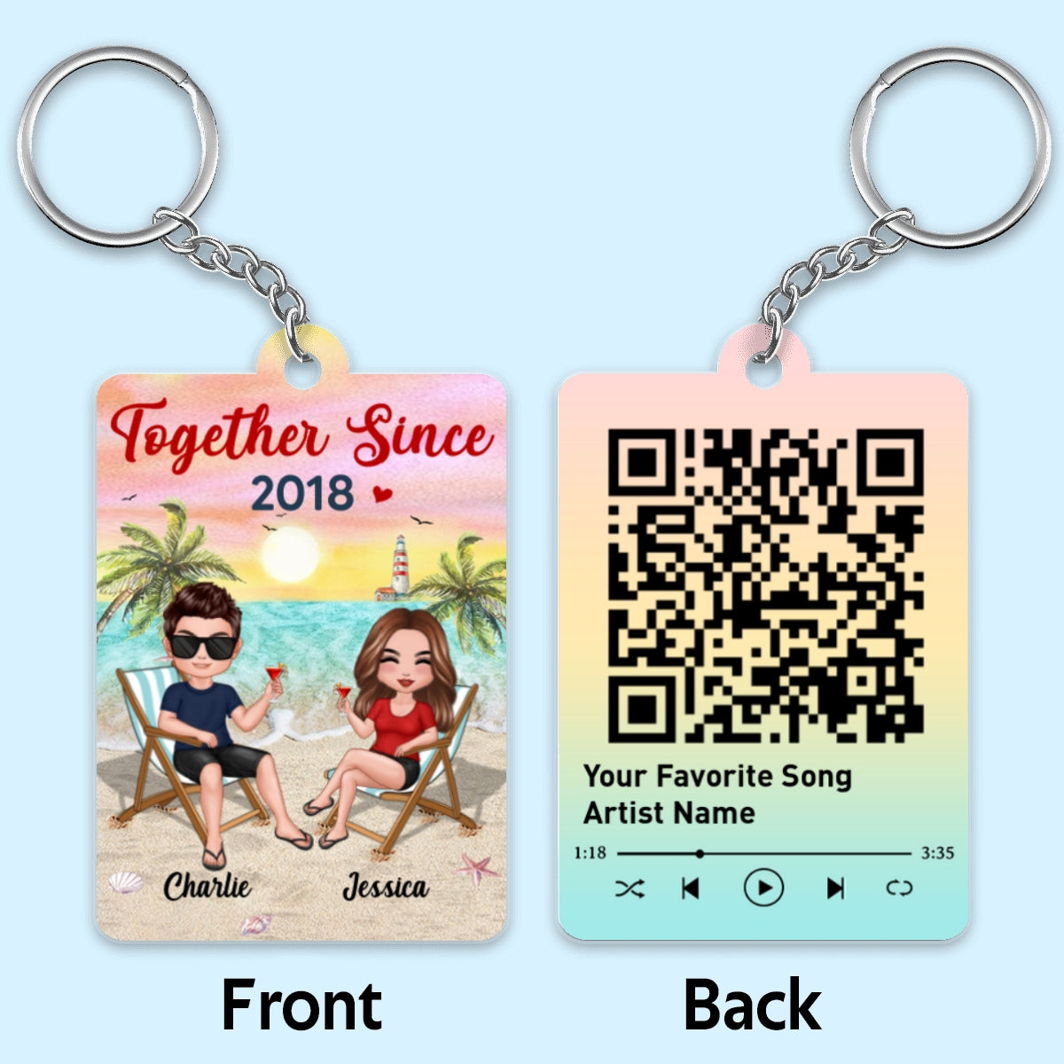 Doll Couple Sitting On Beach Summer Vibe Favorite Song QR Code Personalized Acrylic Keychain
