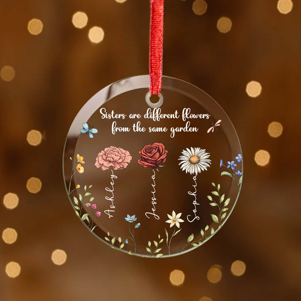 Sisters Are Different Flowers From The Same Garden Personalized Glass Ornament, Christmas Gift For Sisters, Siblings, Besties