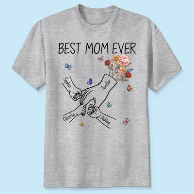 Kids Holding Mom‘s Hand Vintage Birth Month Flowers Gift For Mom Personalized Shirt