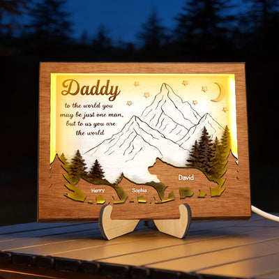 Daddy to Us You Are the World - Personalized 2-Layered Wooden Plaque LED Night Light - Sentimental Gift for Dad, Husband