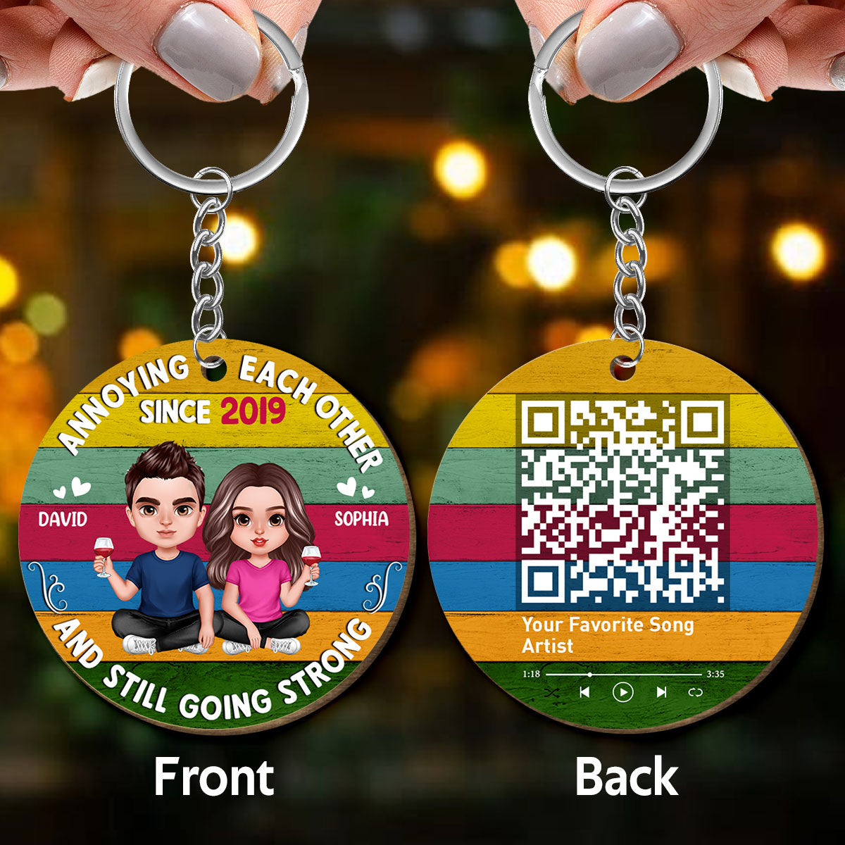Annoying Each Other Since Retro Realistic Couple Favorite Song Scannable QR Code Personalized Wooden Keychain