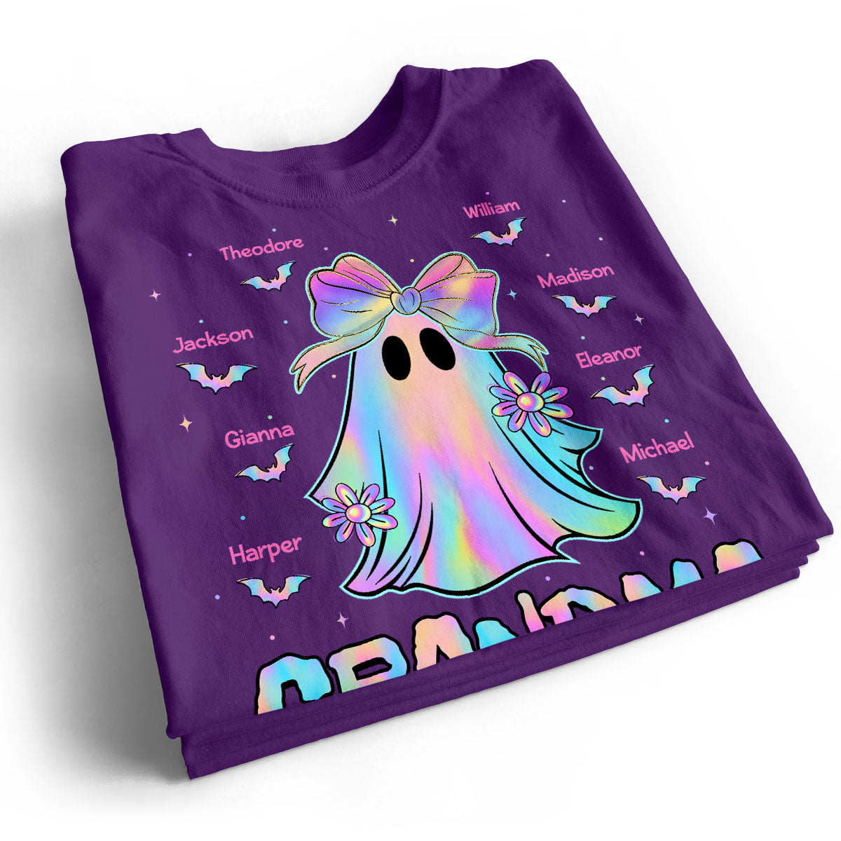 Halloween Preppy Style Iridescent Boo Kids Names Grandma Heart Personalized Shirt