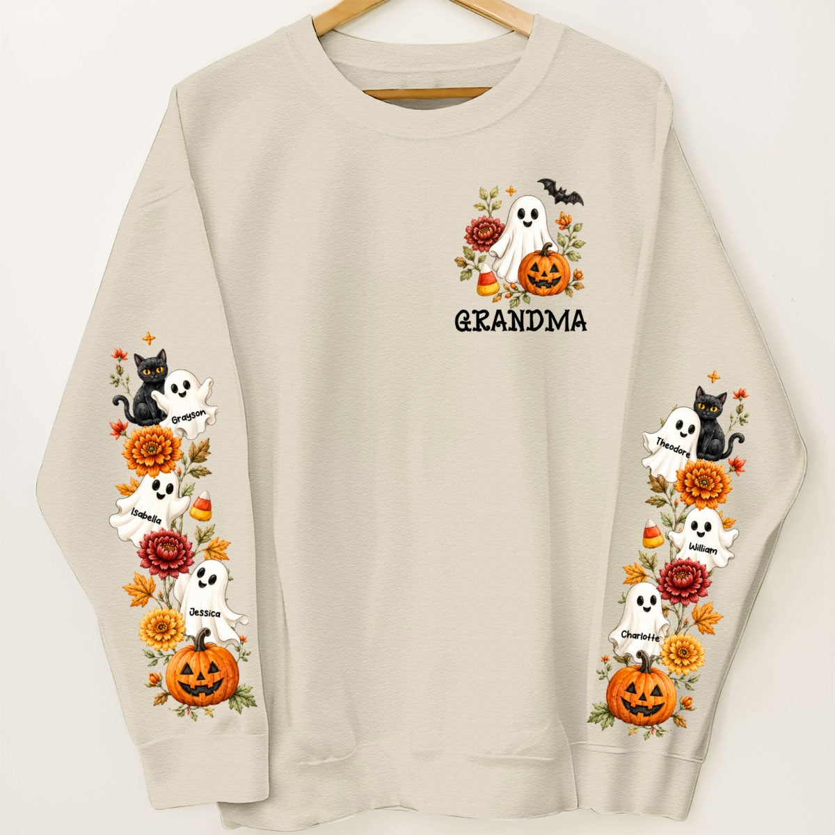 Retro Vintage Floral Grandma Boo Crew - Personalized Sleeve Printed Sweatshirt - Fall Halloween Gift For Grandma