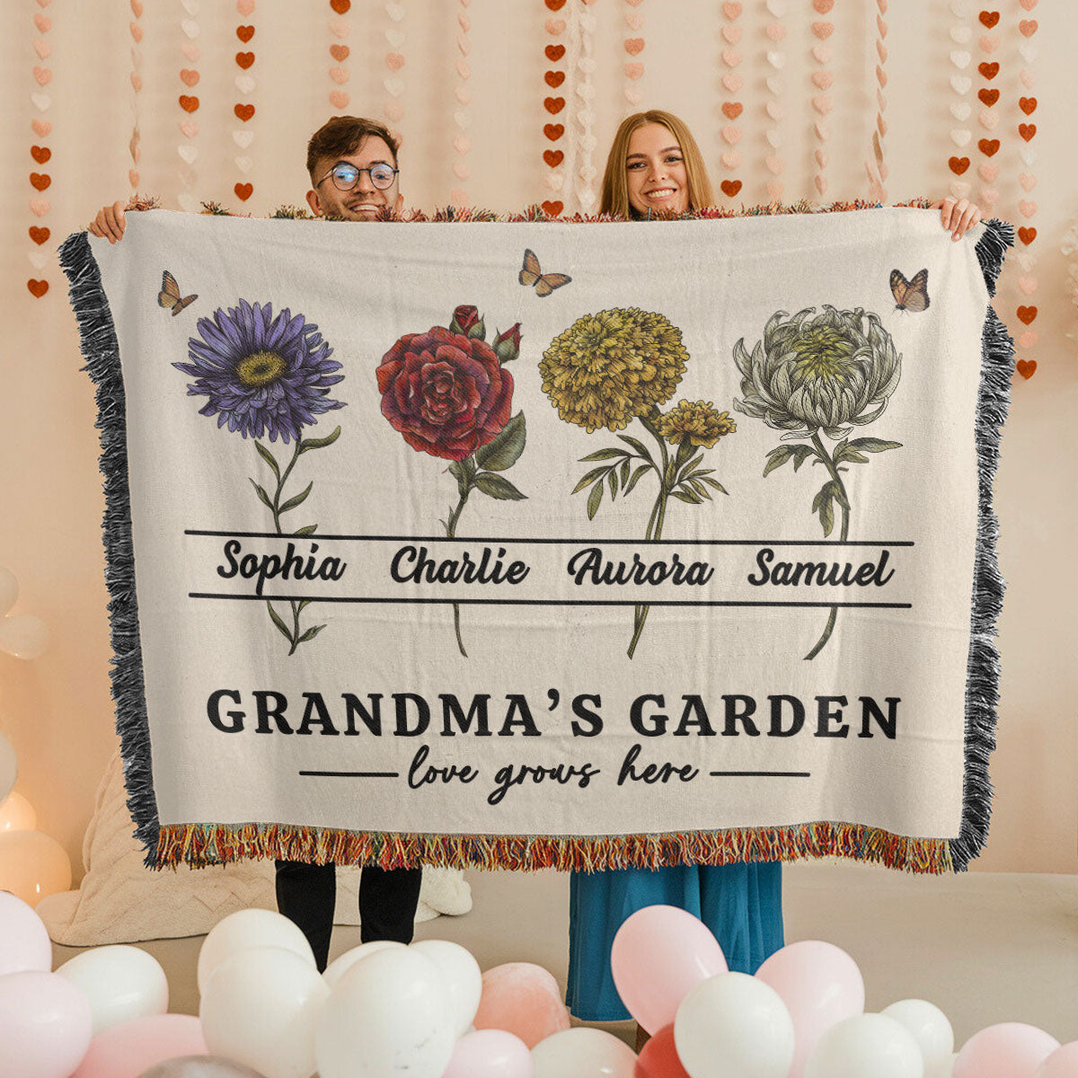Grandma's Garden Love Grows Here Beautiful Vintage Birth Month Flowers Personalized Tapestry Woven Blanket