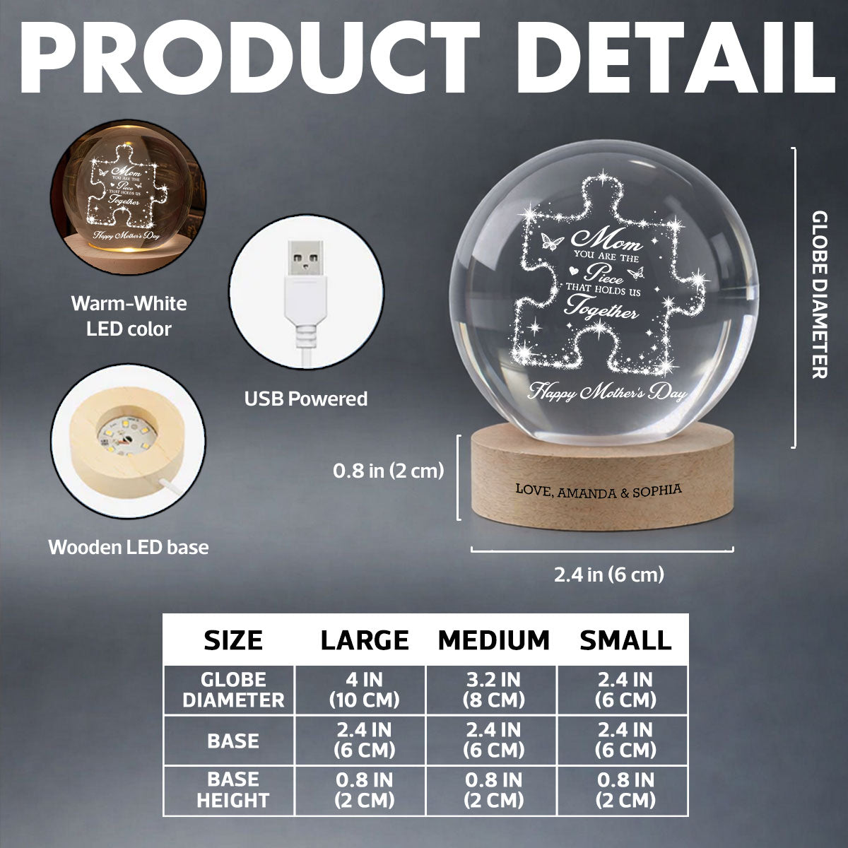 Mom You Are The Piece Holds Us Together - Personalized Crystal Ball LED Night Light - Mother's Day Gift For Mom, Wife
