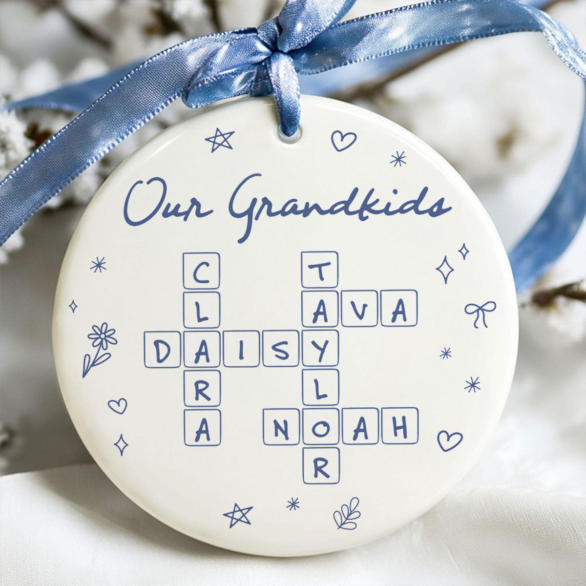 Our Grandkids Line Art Doodle Things Crossword Puzzle Art Gift For Grandma Personalized Ceramic Ornament