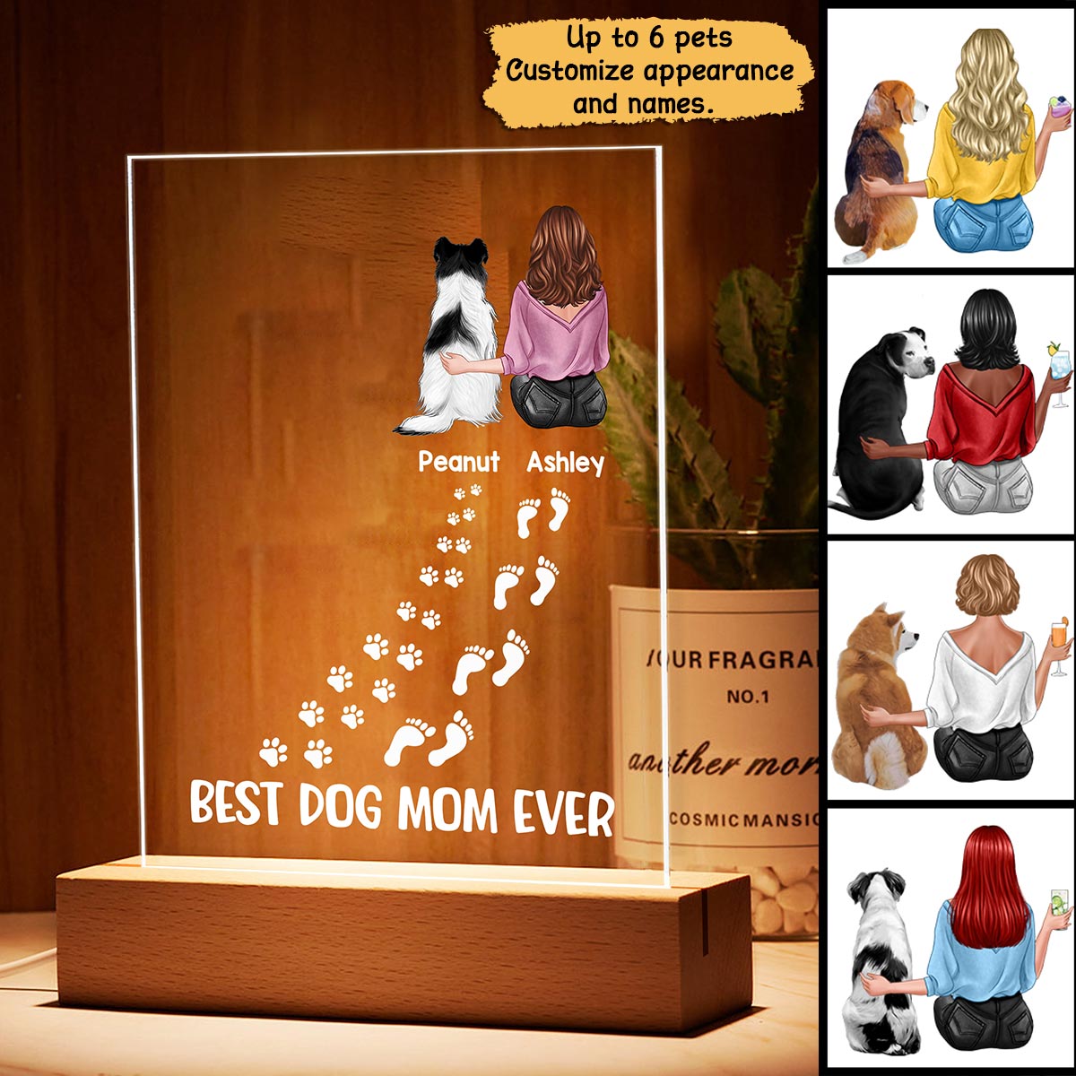 Best Dog Mom Footprints Personalized Plaque LED Night Light