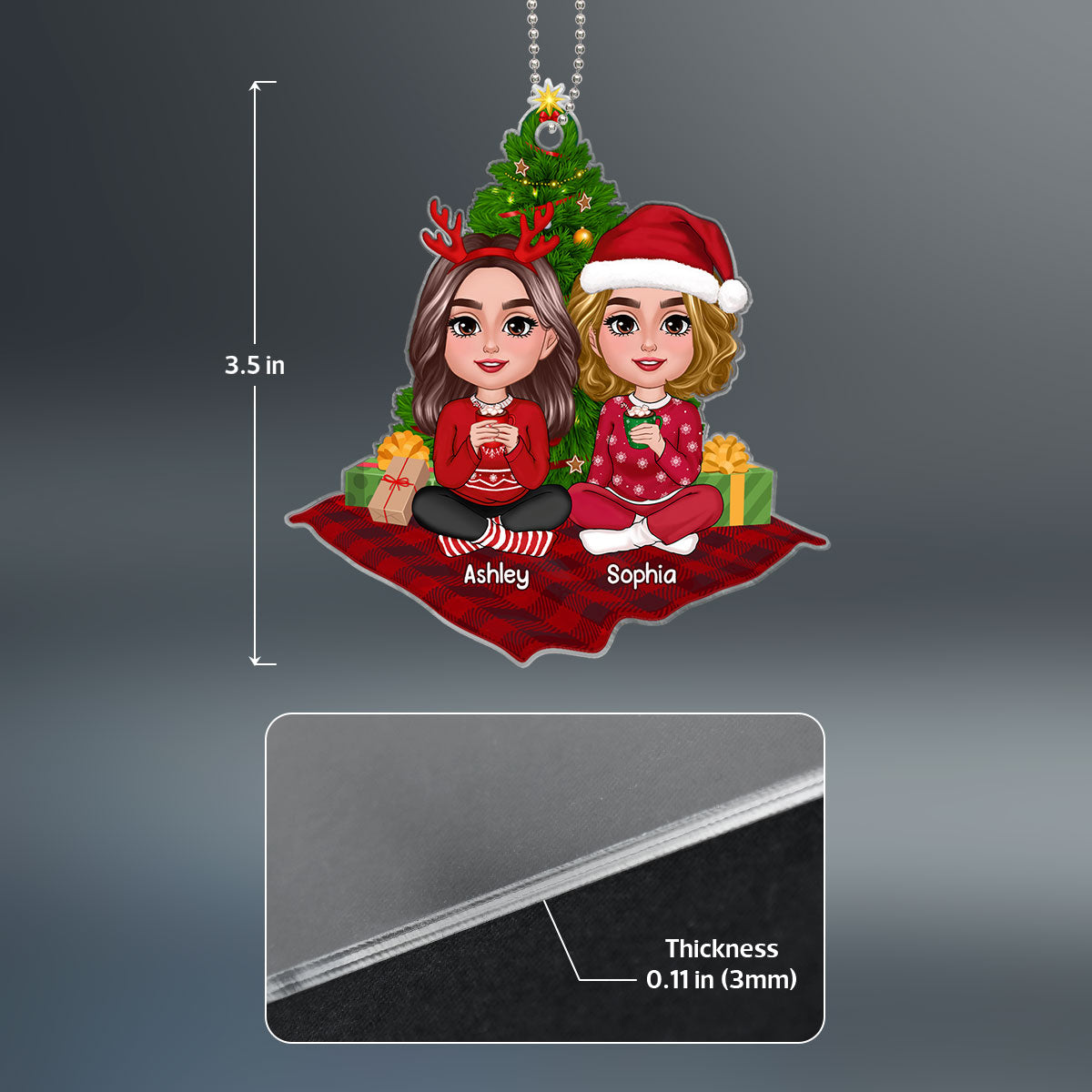 Doll Besties Sisters Sitting On Checkered Pattern Carpet Personalized Acrylic Ornament