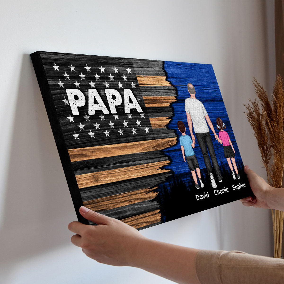 Dad Grandpa Papa Walking With Kids Half Nation Flag Personalized Horizontal Canvas, Father‘s Day Gift For Dad, For Grandpa, For Husband