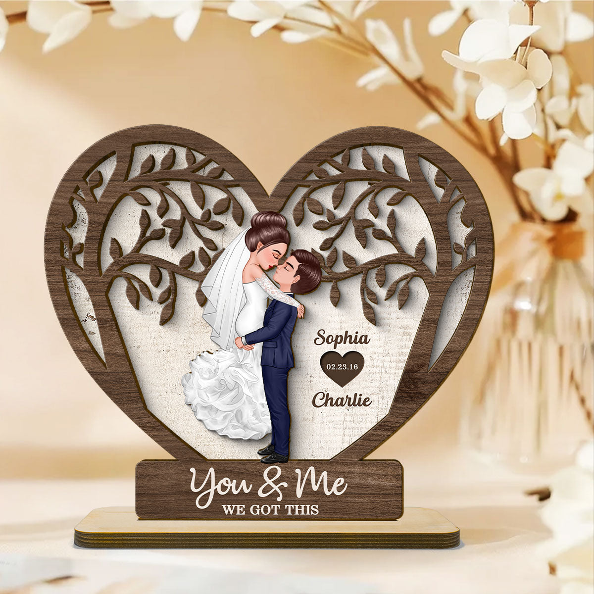 Groom & Bride Kissing Under The Tree Personalized 2-Layered Standing Wooden Plaque, Perfect Home Decor, Wedding Gift, Anniversary Gift For Him For Her For Couple