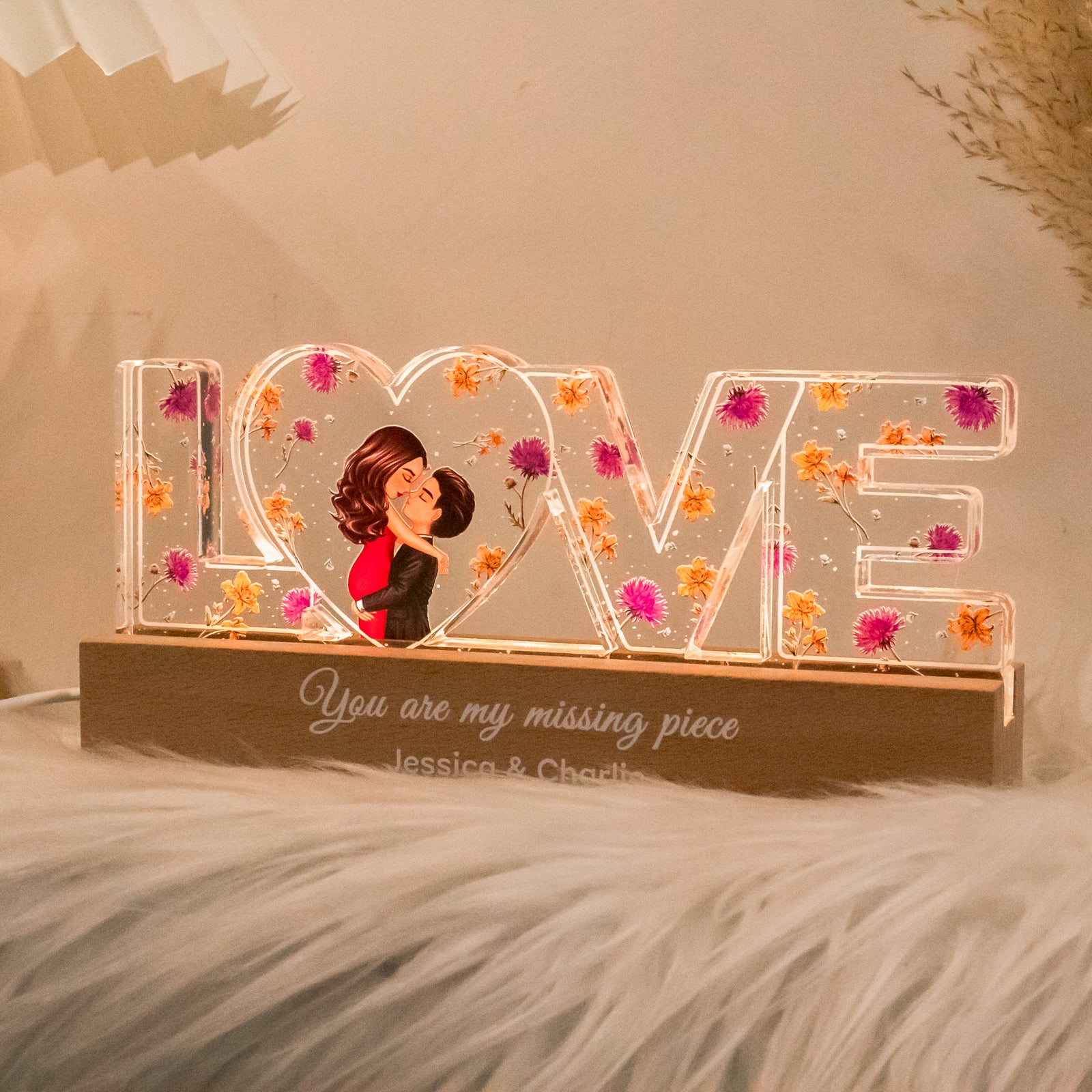 Couple Romantic Love Custom Flower Printed LED Night Light, Birth Month Flower, Thoughtful  Gift for her, Gift for him