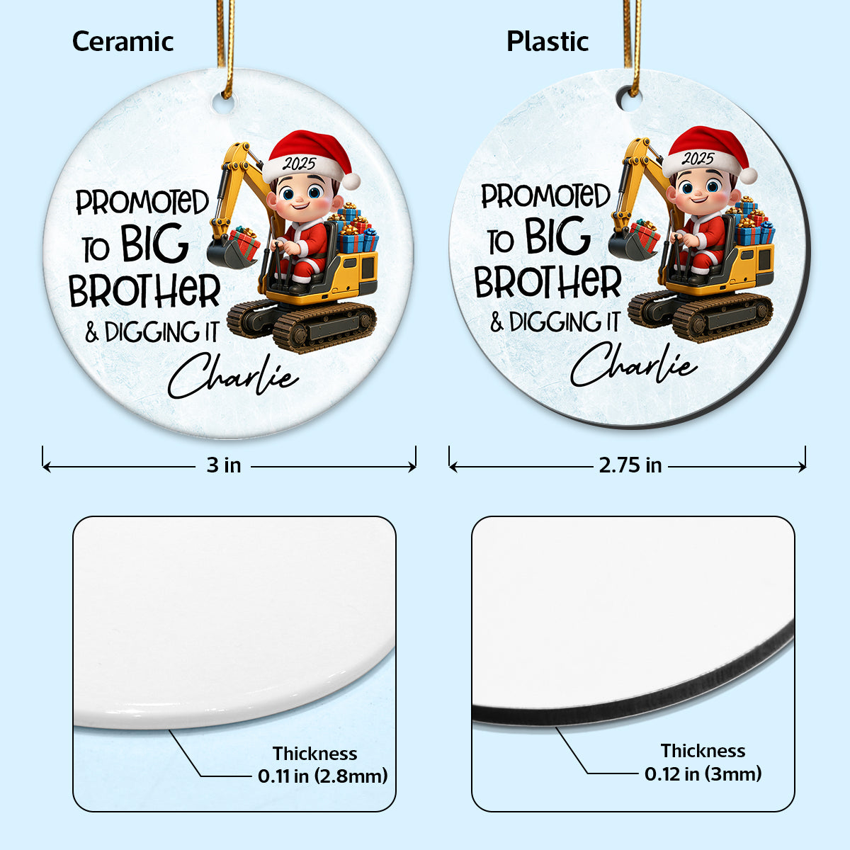 Promoted To Big Brother & Digging It Kid Driving Excavator - Personalized Ceramic Ornament - Proud New Big Brother Gift