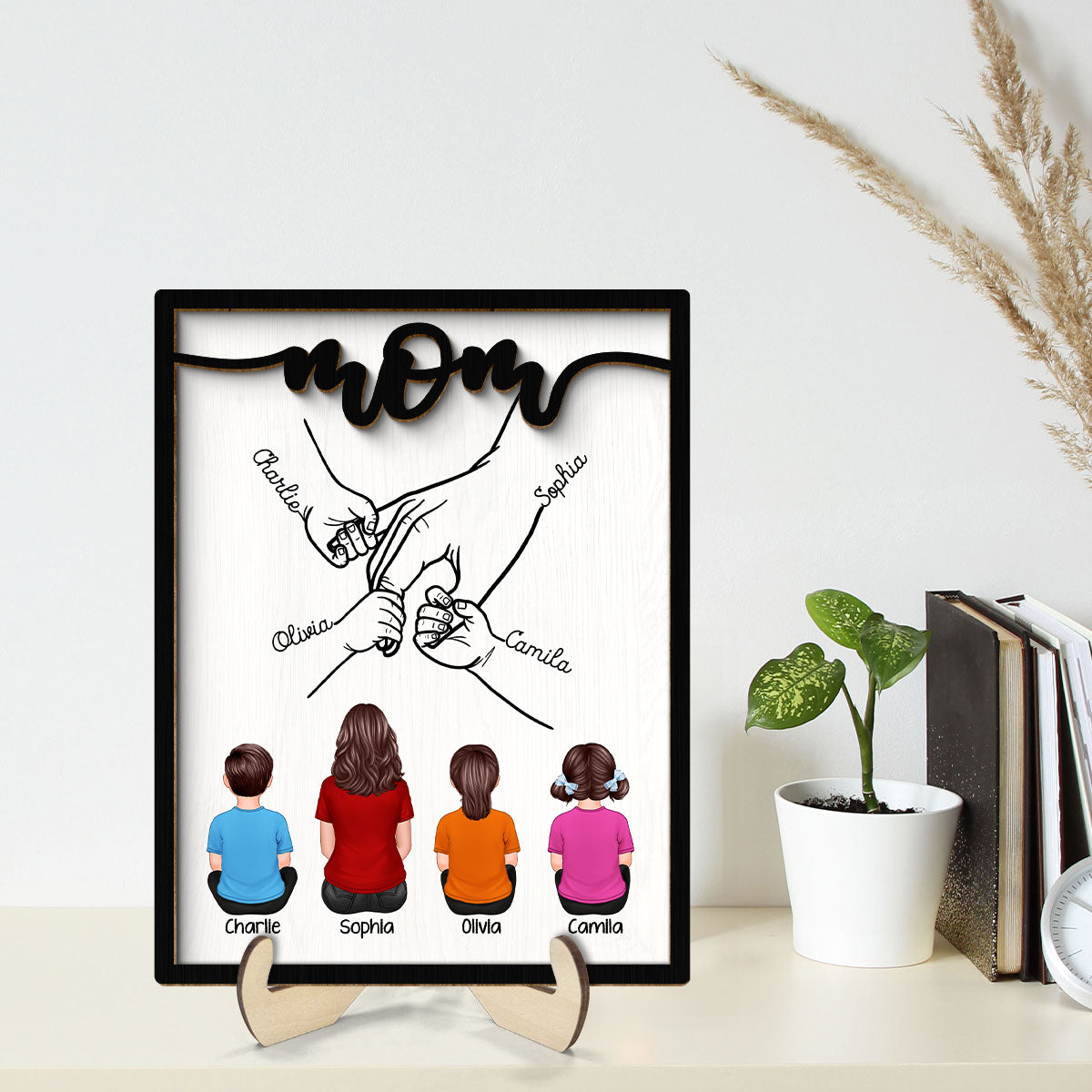 Mom And Kids Holding Hands Personalized 2-Layer Wooden Plaque