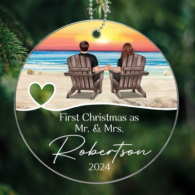 First Christmas Couple Sitting At Beach Personalized Acrylic Ornament for Wedding, Christmas Gift, Wedding Keepsake Gifts