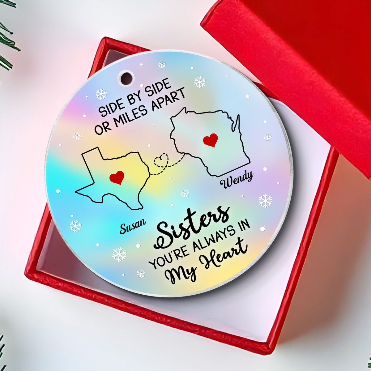 Long Distance Hologram Patterned Family Friends Siblings Sisters Besties Personalized Acrylic Ornament, Togetherness Christmas Gift