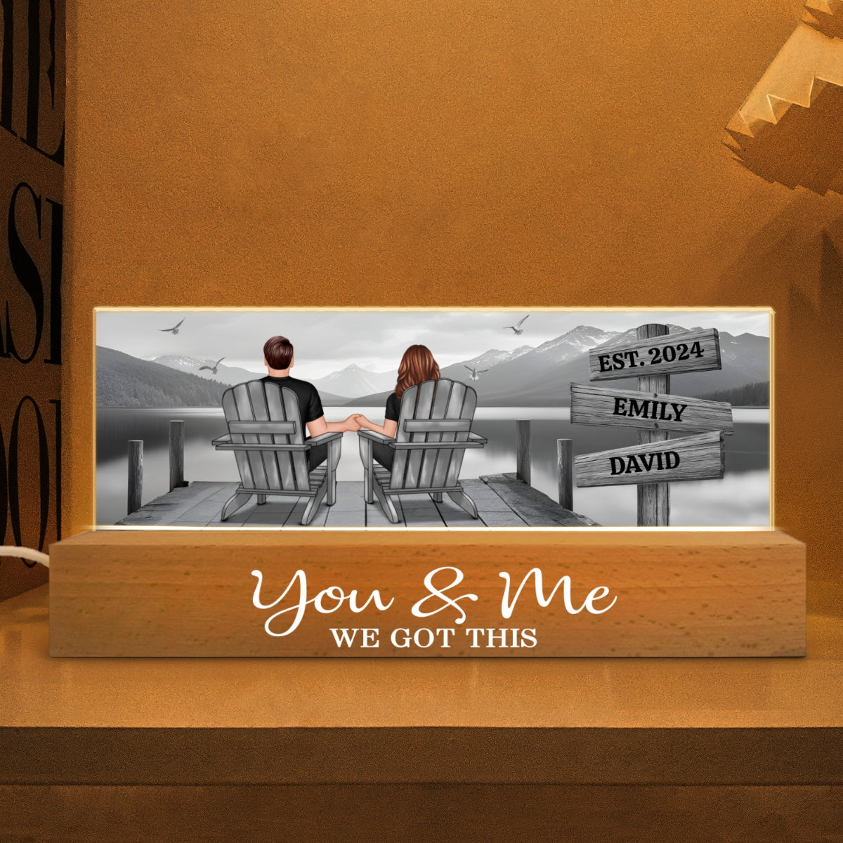 Lake Dock Couple Sitting Holding Hands Sign Posts Personalized Acrylic Block LED Night Light, Home Decoration, Gift For Her, For Him
