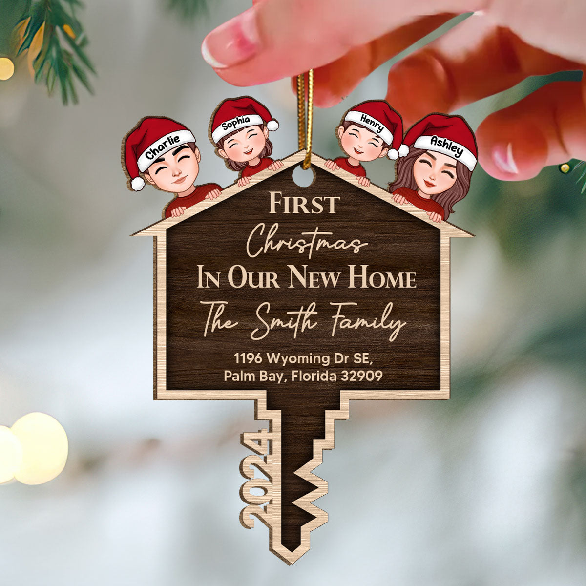 First Christmas In Our New Home Personalized Wooden Ornament, House Key Ornament For Christmas