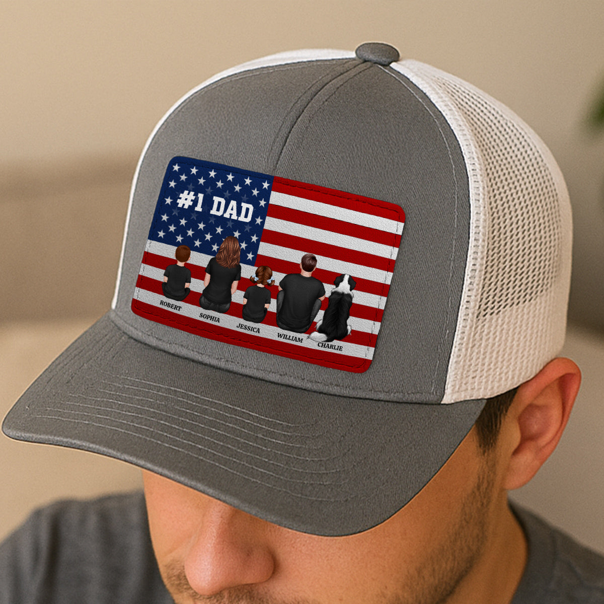 Nation Flag Dad And Kids Sitting Personalized Leather Patch Hat, Gift For Dad