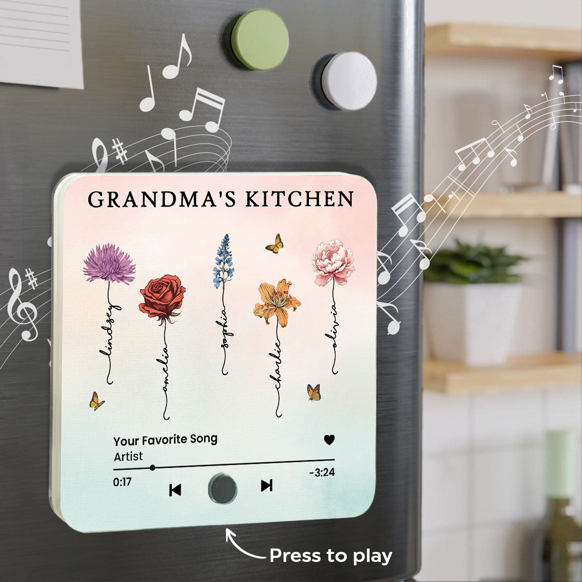 Grandma's Kitchen Birth Month Flower Personalized Music Fridge Magnet, Heartfelt Gift, Birthday Gift for Grandma