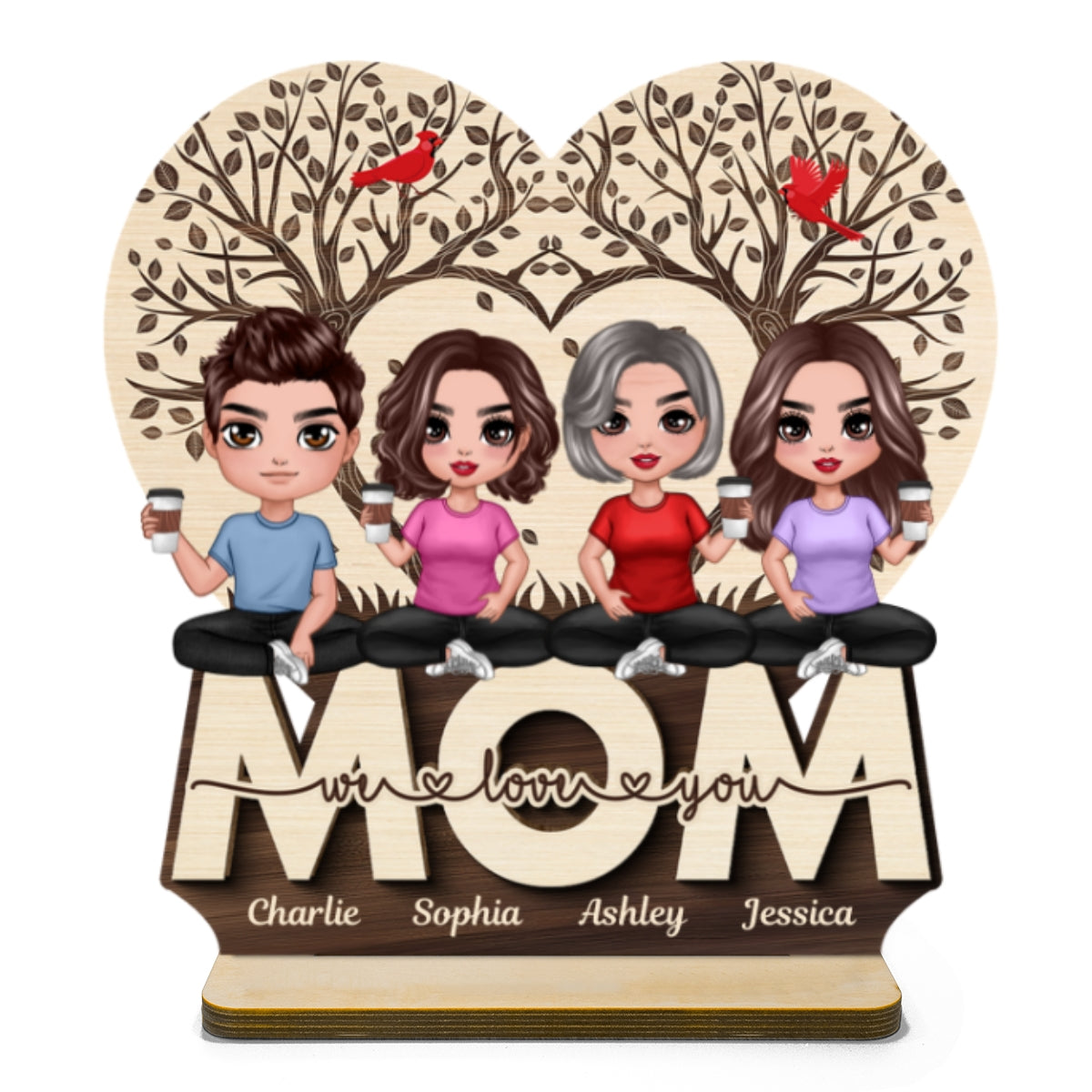 We Love You Mom Heart Tree Personalized 2-Layer Standing Wooden Plaque