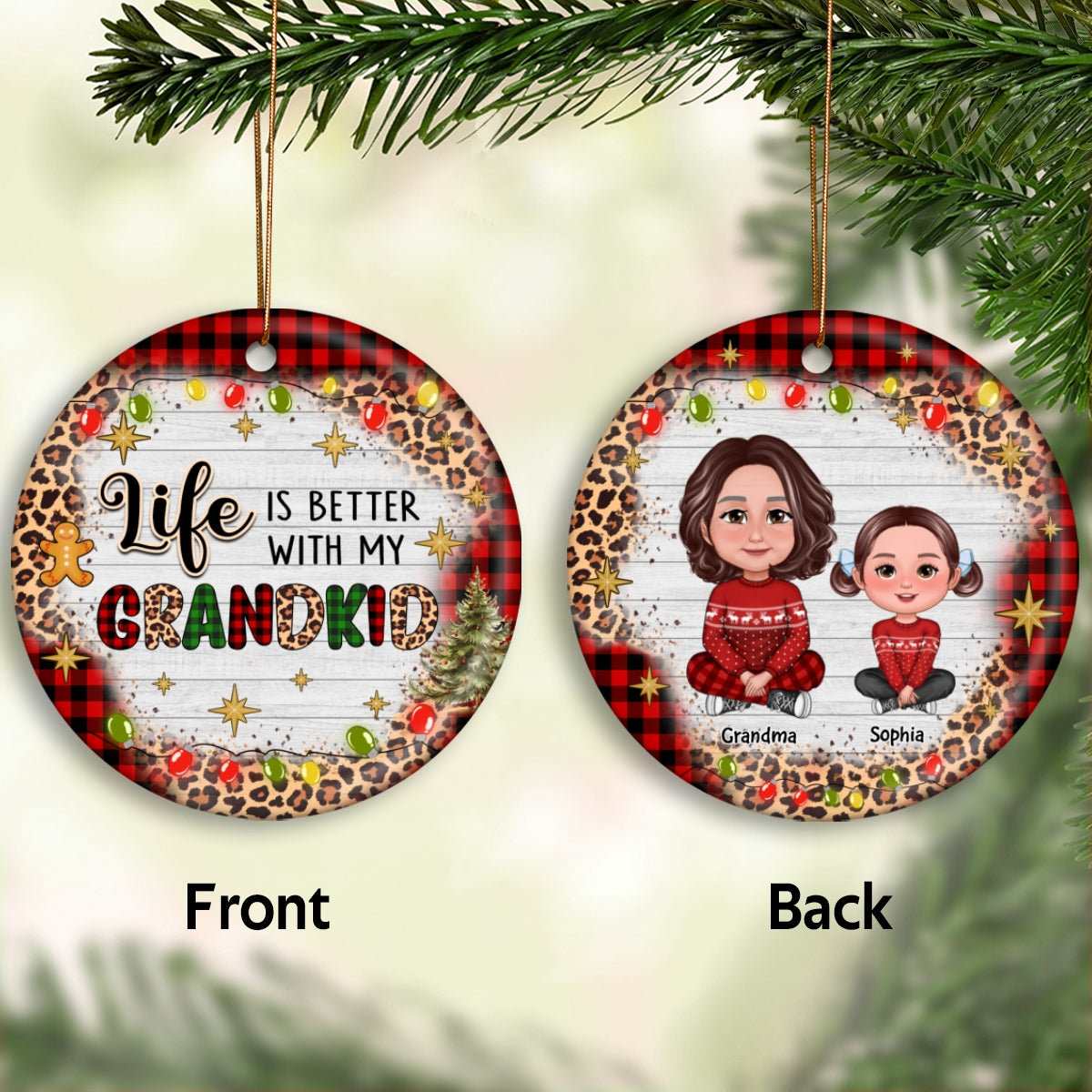 Checkered And Leopard Grandma Grandkids Sitting Personalized Double Sided Circle Ornament