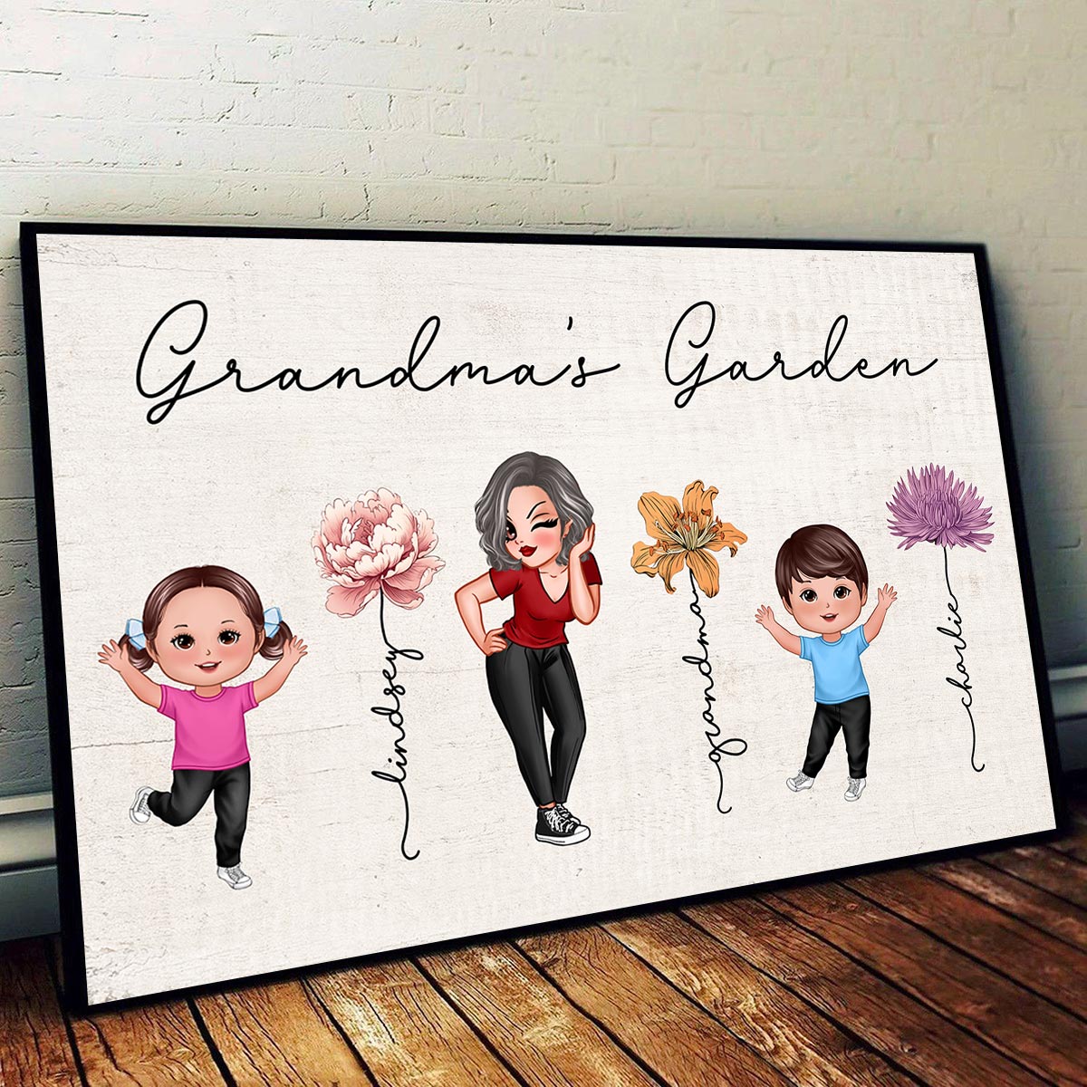 Happy Grandkids Sassy Grandma Garden Vintage Birth Month Flowers Mother‘s Day Gift Personalized Horizontal Poster