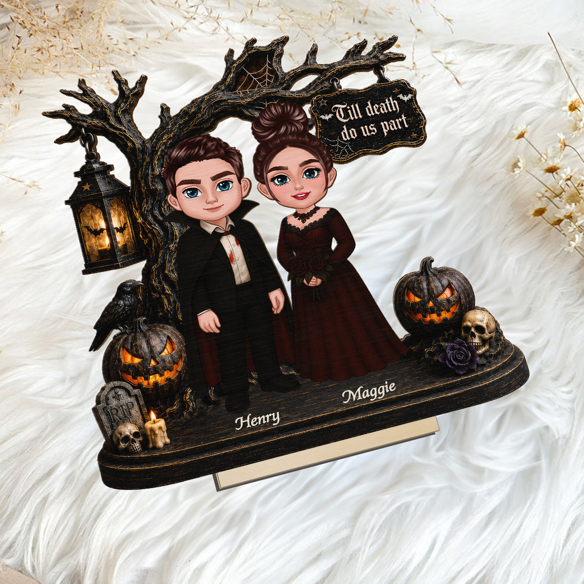 Couple Standing Under Spooky Halloween Tree 2D Flat - Personalized 2-Layer Wooden Plaque - Tabletop Tier Tray Wicca Pagan Decor