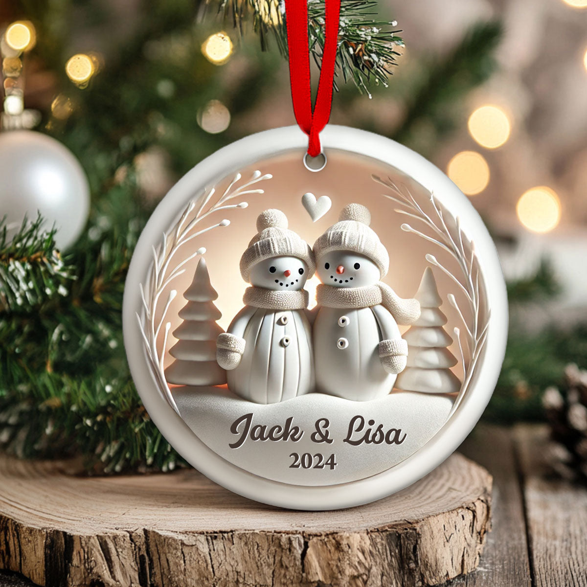 Snowman Couple White Christmas Ceramic Ornament, Personalized Couple 3D Effect Ornament, Christmas Gift For Married Engaged Couples, For Couples