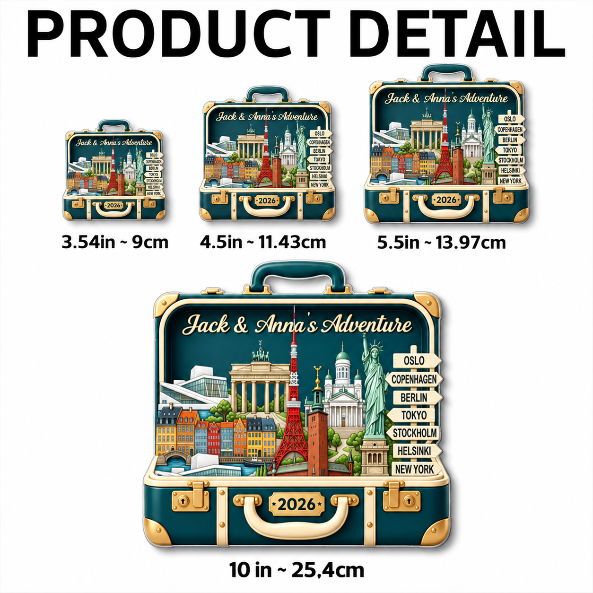Custom Travel Adventure Suitcase 2D Flat Printed - Personalized Acrylic Fridge Magnet - Traveling Destination Keepsake, Christmas Gift For Traveling Lovers