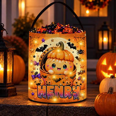 Kawaii Cute Halloween Dumpling - Personalized LED Trick or Treat Bucket - Custom Name Treat Bucket for Kids