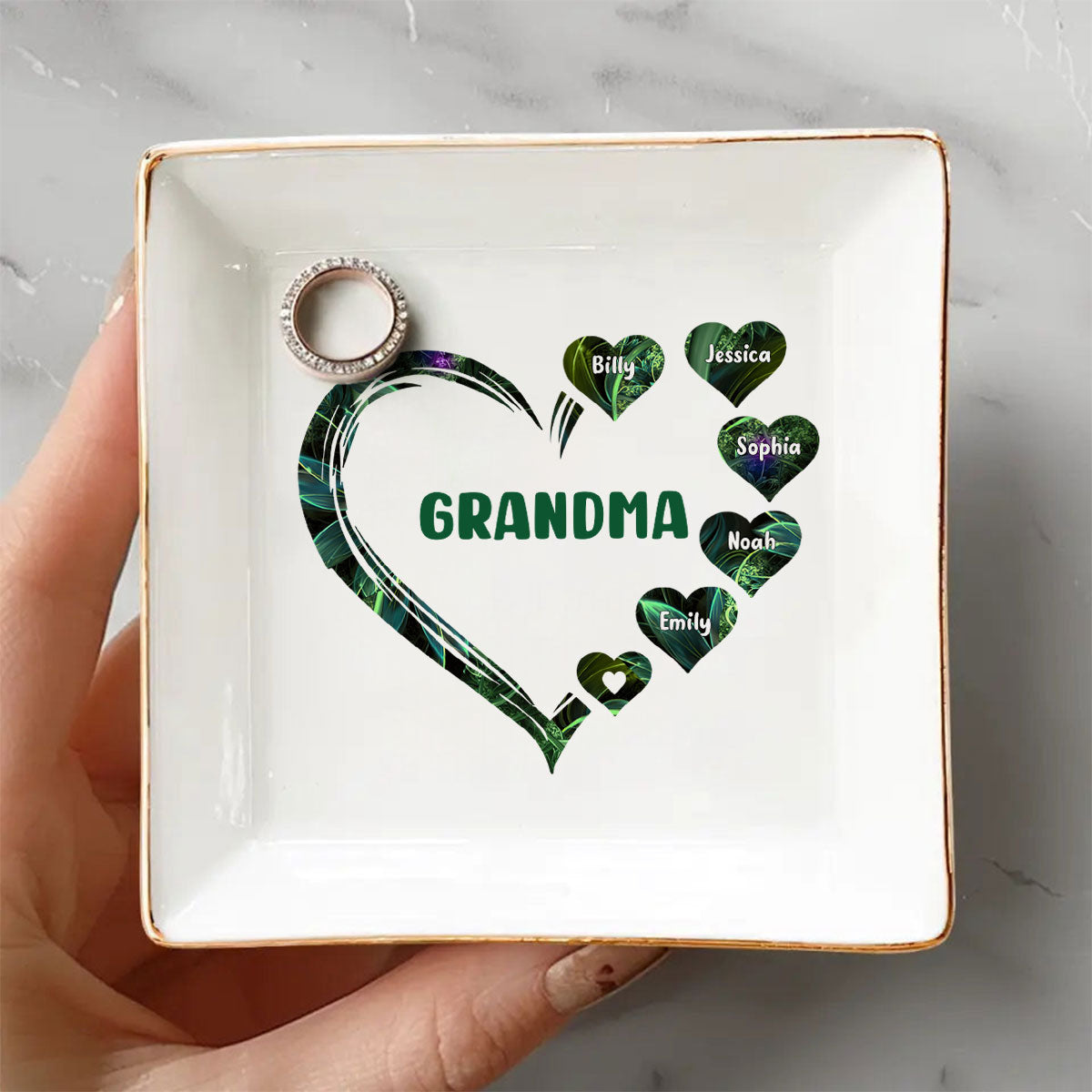 Grandma Mom Hearts Marble Patterned Personalized Jewelry Dish, Birthday Gift for Grandma, Christmas Gift