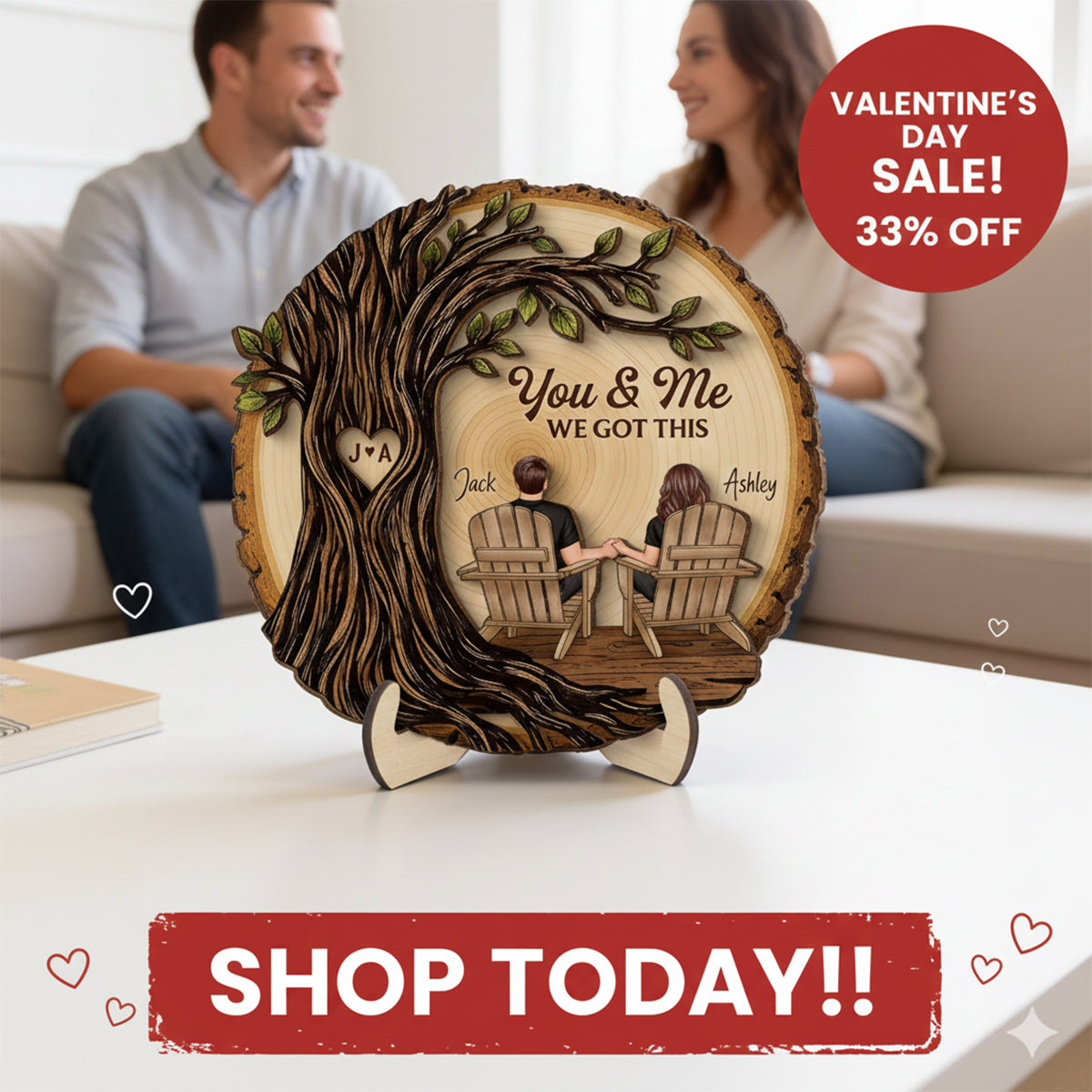 Couple Sitting Under Heart Carved Tree - Personalized 2-Layered Wooden Plaque - Valentine's Day Gift For Couple