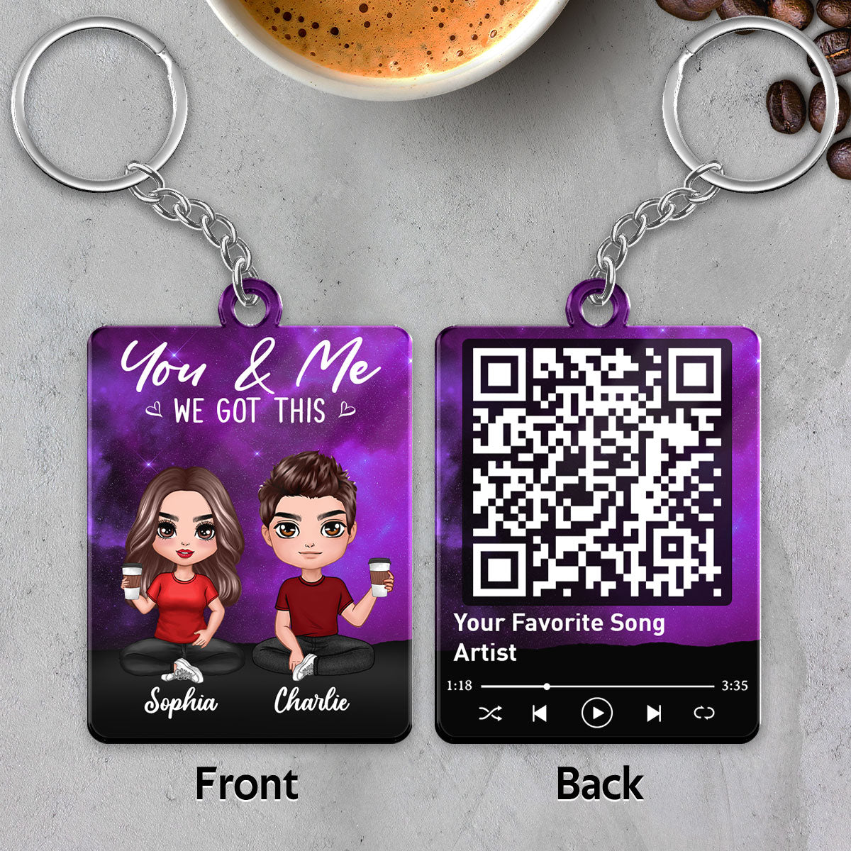 Doll Couple Sitting Under Starry Night Favorite Song QR Code Personalized Acrylic Keychain