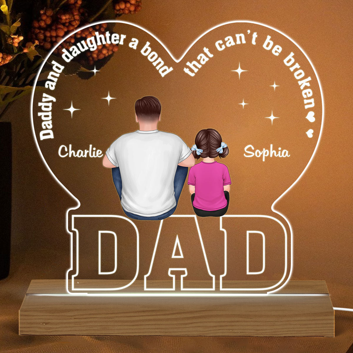 Dad And Daughters Sons Bond That Can‘t Be Broken Back View Man Kids Dog Cat Sitting Father‘s Day Gift Personalized Warm Custom Shape Acrylic Plaque LED Night Light