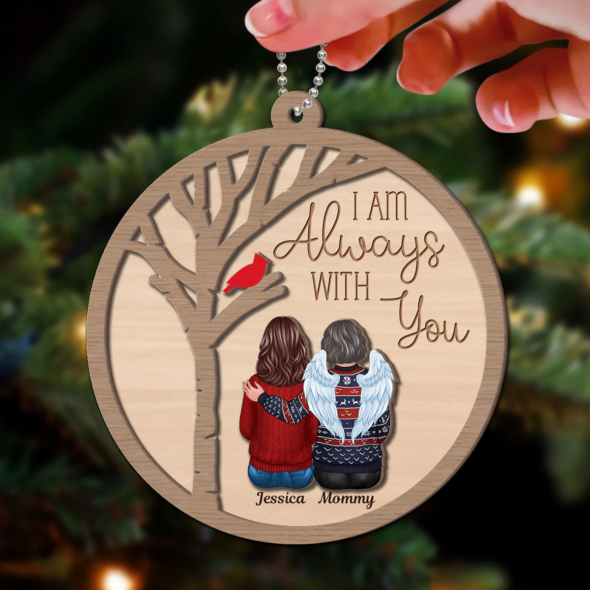 Always With You Cardinal Family Memorial Christmas Personalized 2-Layer Wooden Ornament