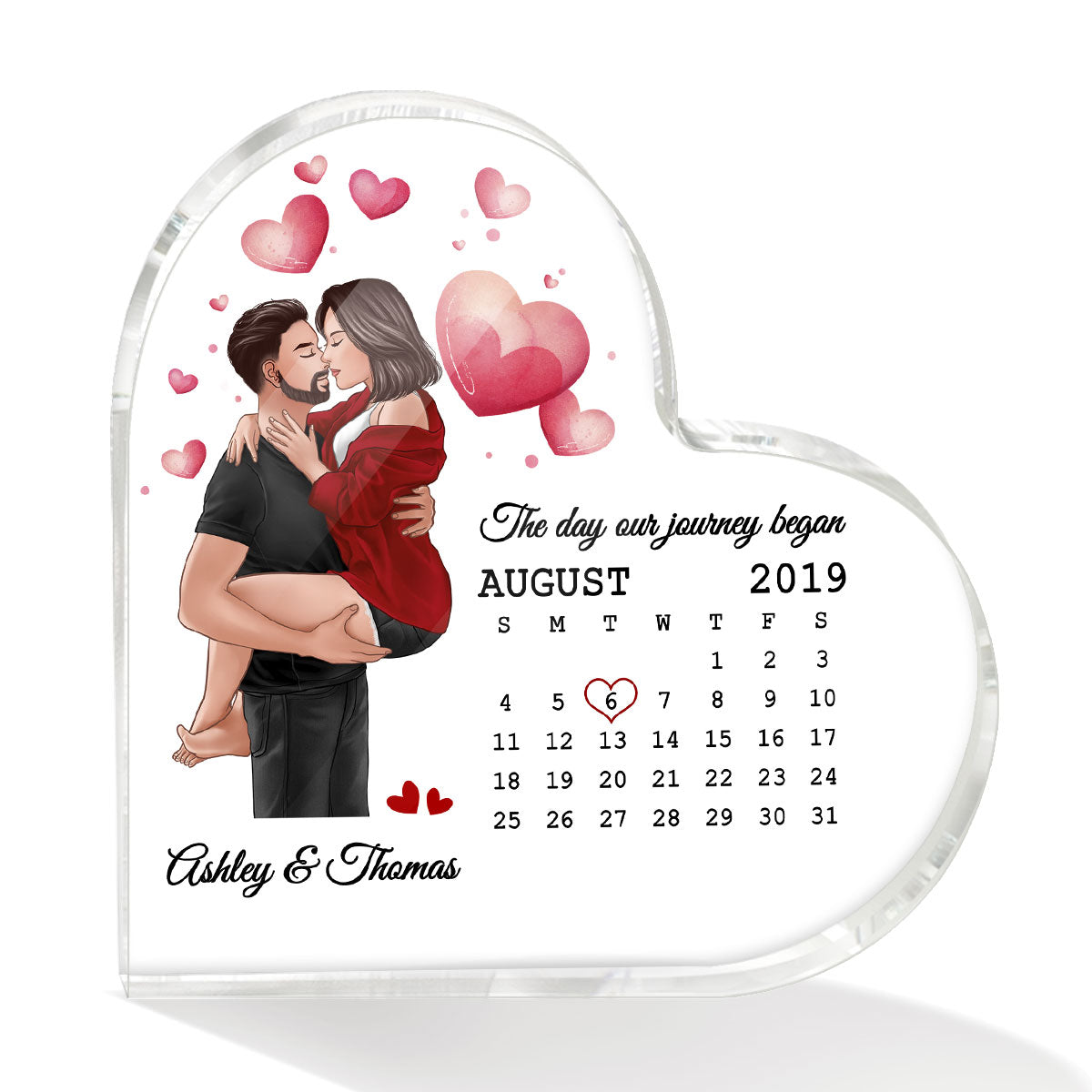 Man Holding Woman Kissing Calendar Anniversary Date Anniversary Personalized Heart Shaped Acrylic Plaque