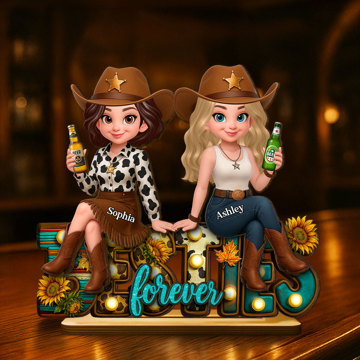Western Fall Vibe Besties Personalized Standing Wooden Plaque, Fall Gift for Best Friends