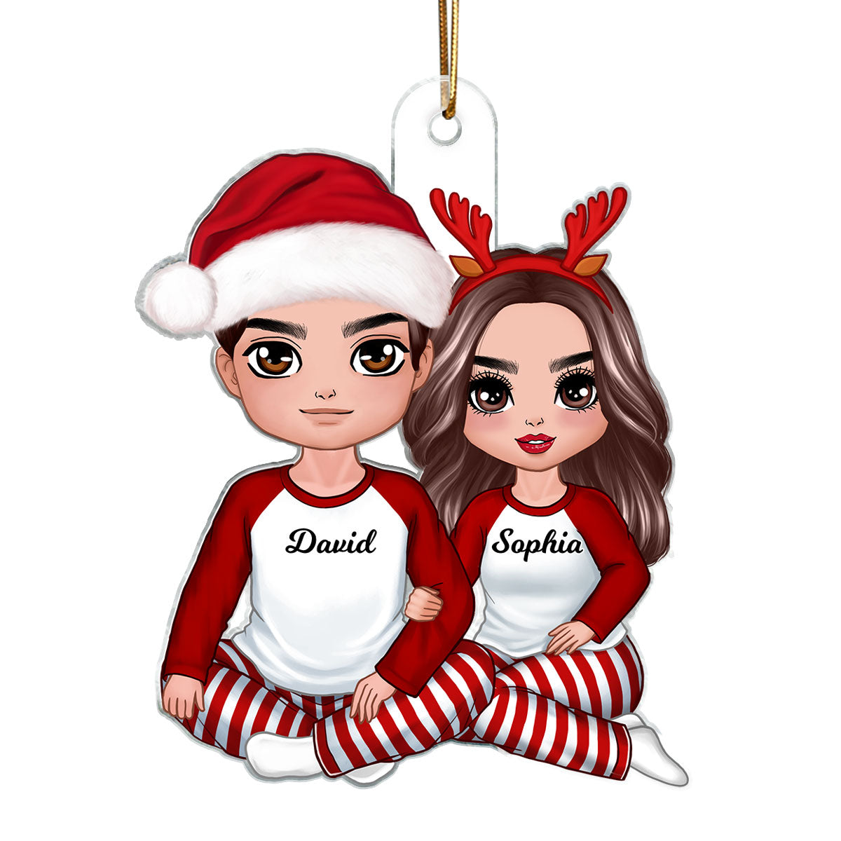 Christmas Doll Couple Sitting Hugging - Personalized Ornament