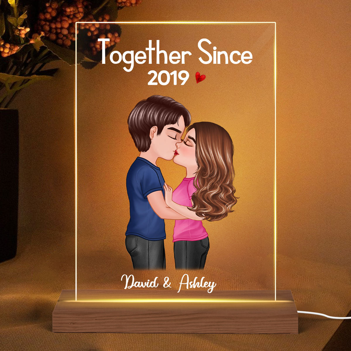 Doll Couple Kissing  Anniversary Gift For Him Gift For Her Personalized 7 Colors Plaque LED Night Light