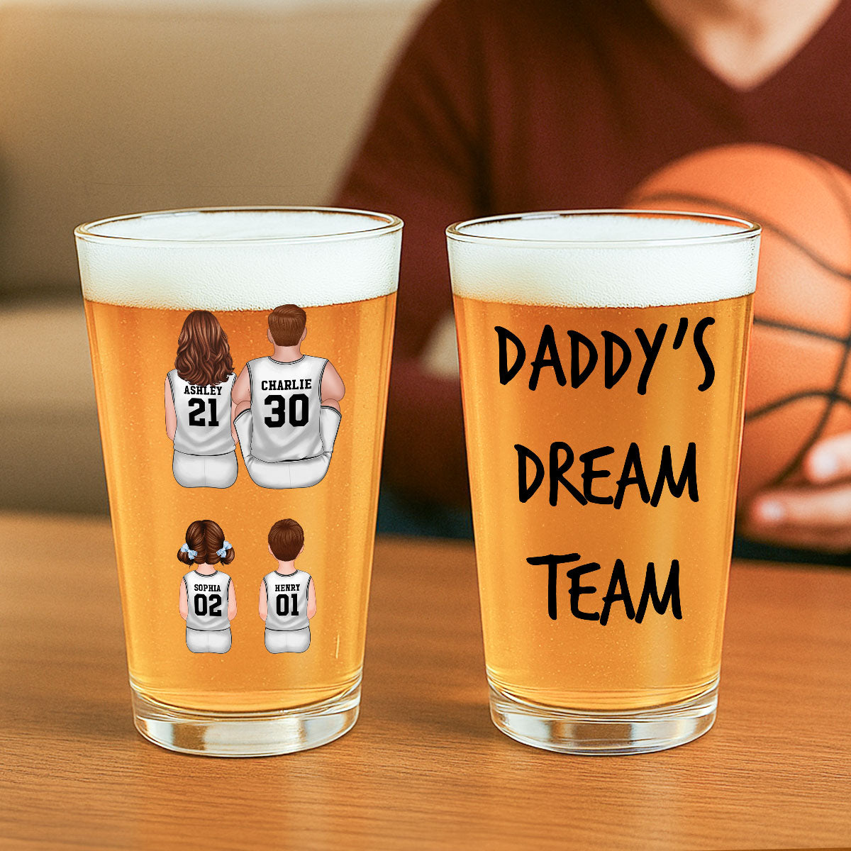 Daddy's Dream Team Basketball Personalized Beer Glass, Father's Day Gift for Dads