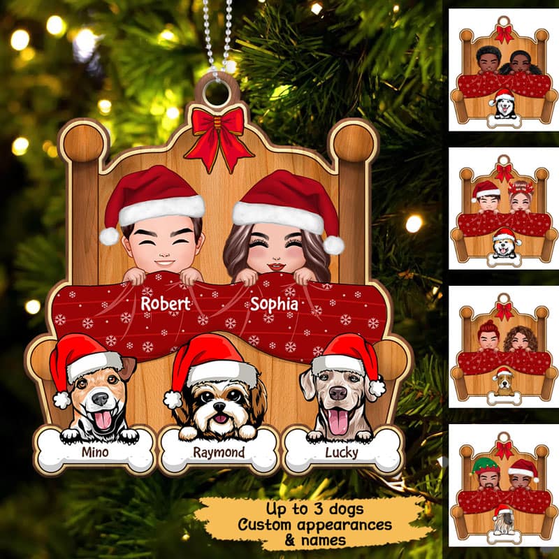 Christmas Doll Couple On Bed With Dogs Personalized Wooden Ornament