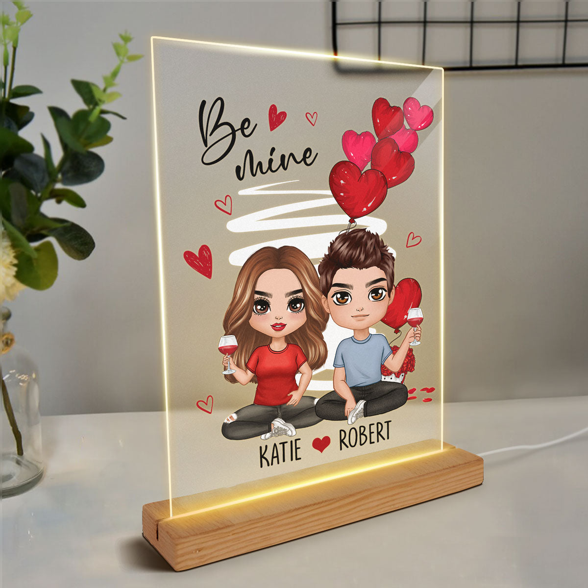 Be Mine Doll Couple Sitting Personalized Plaque LED Night Light - Gift For Him Gift For Her