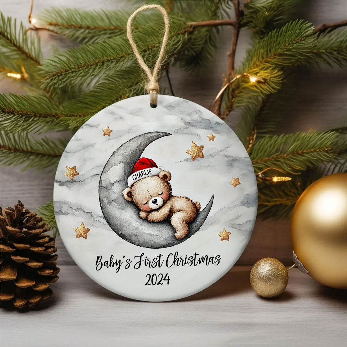 Baby Bear On The Moon, Baby's First Christmas Personalized Ceramic Ornament, Christmas Keepsake for Baby Boy, Baby Girl