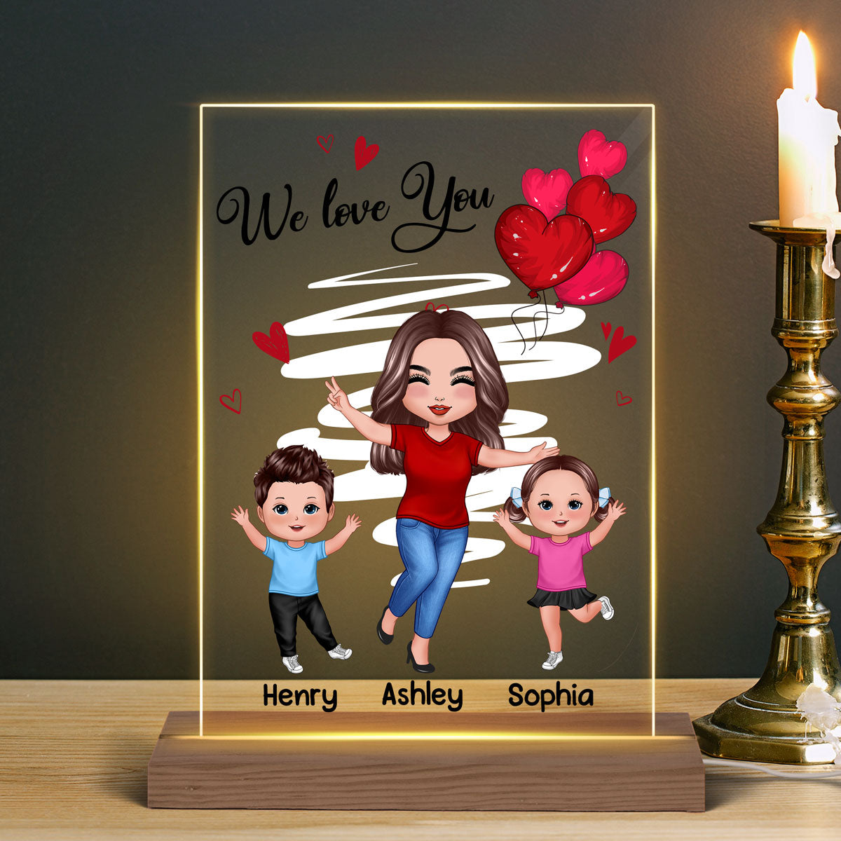 Red Hearts Happy Doll Grandma Mom And Kids Personalized Rectangle Acrylic Plaque Warm LED Night Light