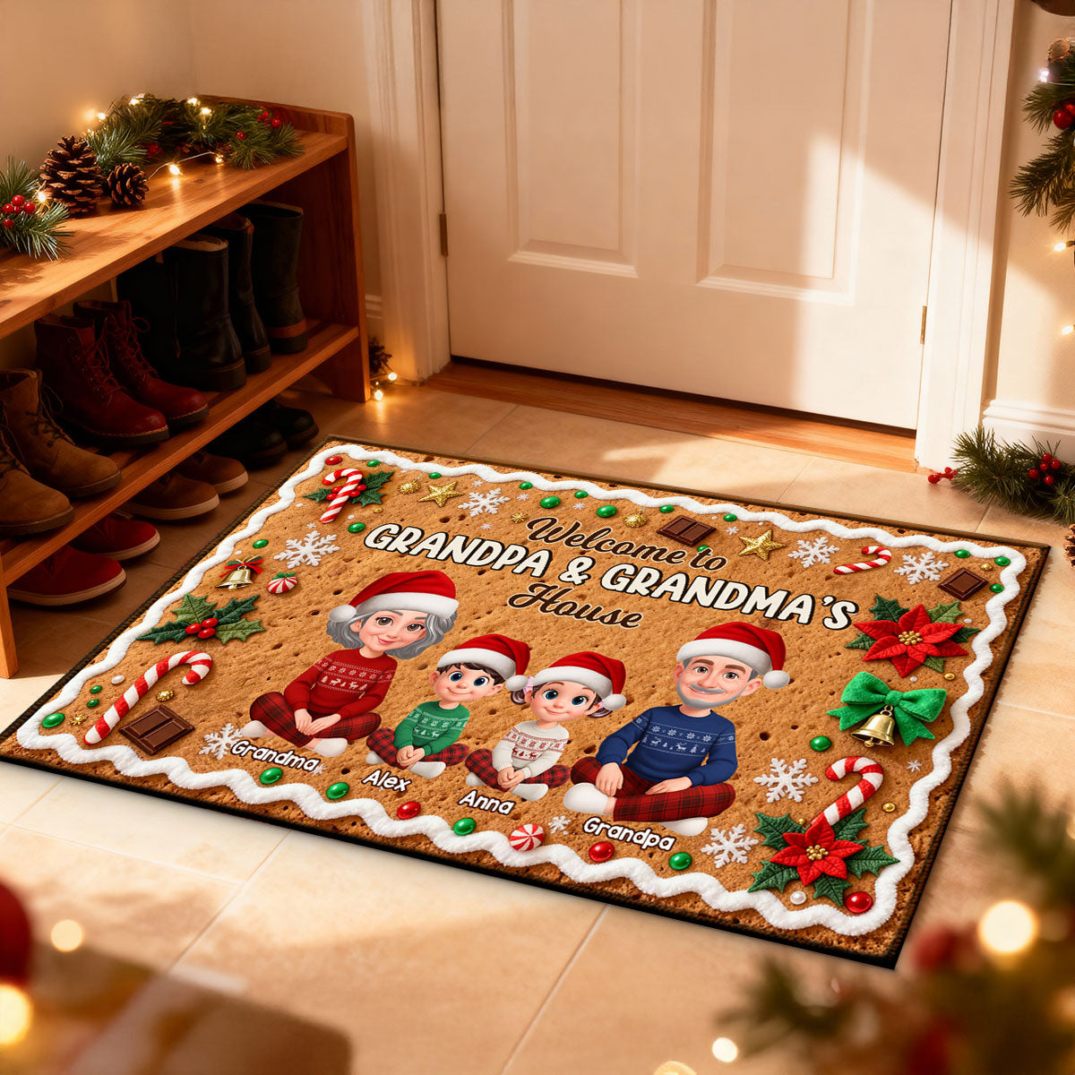 3D Effect Gingerbread Theme Welcome To Grandpa Grandma House Christmas - Personalized Doormat