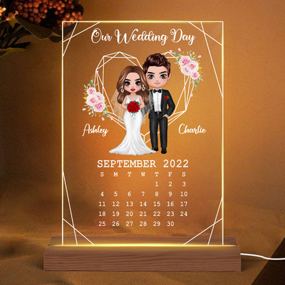 Doll Groom And Bride Personalized Acrylic Plaque LED Night Light - Wedding Anniversary Gift For Couple - Gift For Him - Gift For Her