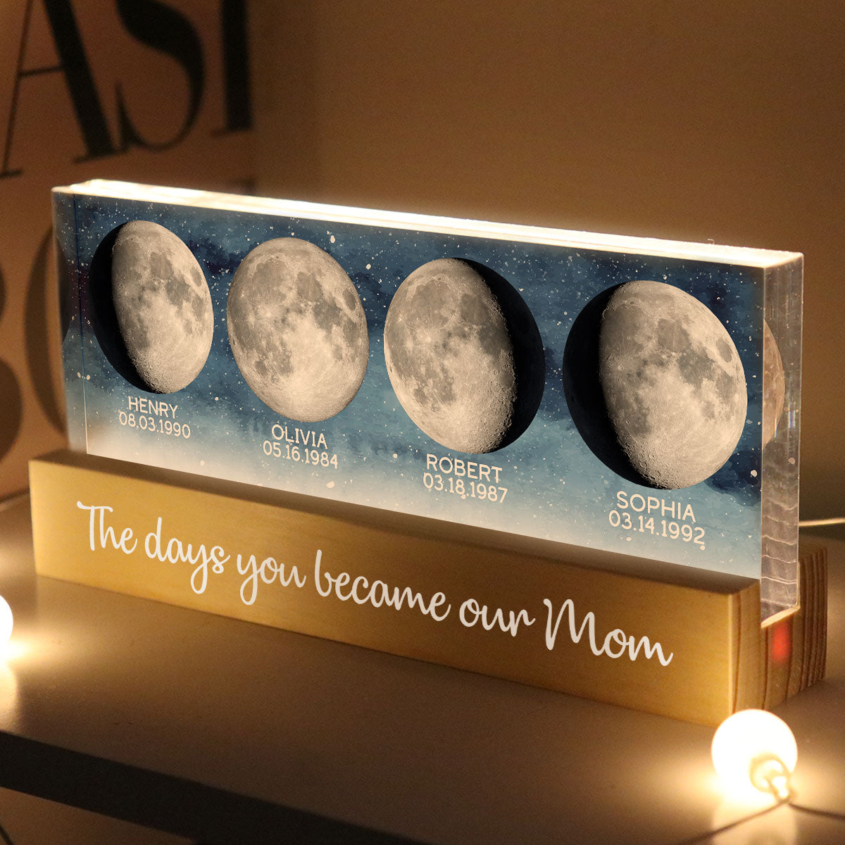Custom Birth Moon Phase The Day You Become My Mom Personalized Acrylic Block LED Night Light, Gift