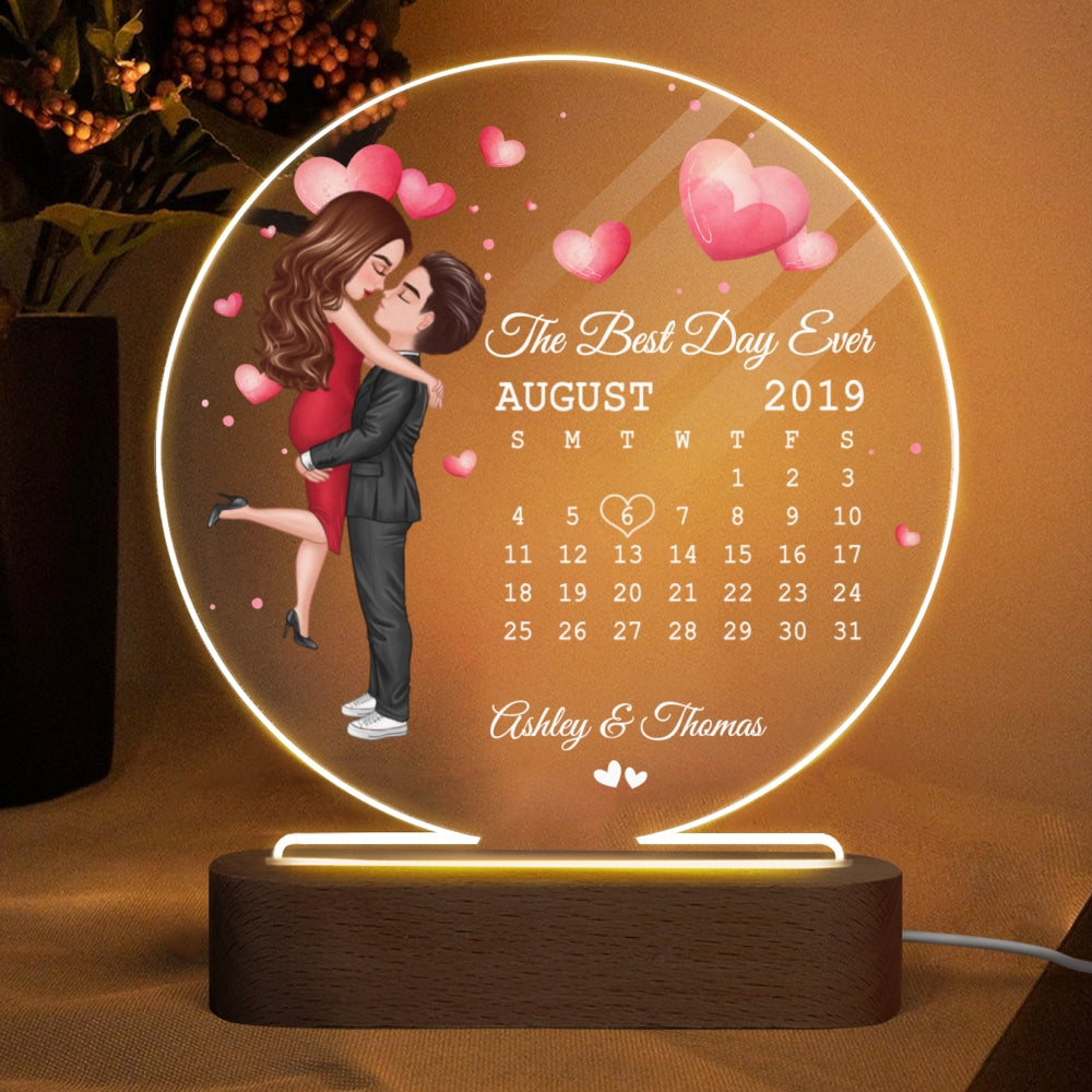 Doll Couple Hugging Kissing Together Since Anniversary Date Calendar Personalized Acrylic Circle Plaque With LED Night Light - Anniversary Gift For Couple - Gift For Him, Gift For Her