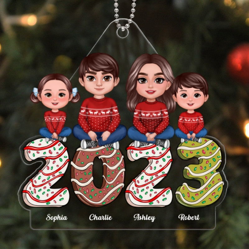 Family Crossed Legs Sitting Dad Mom Kids Dogs Cats Gingerbread 2023 Personalized Acrylic Ornament